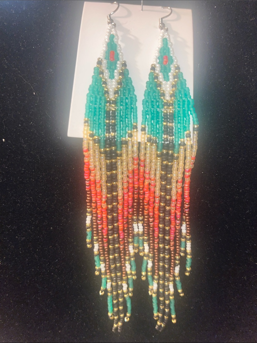 Handcrafted Multicolor Seed Bead Fringe Earrings - Green, Red & Gold